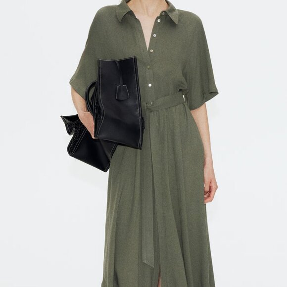 H&M Tie-belt Shirt Dress Olive Green Small - Picture 1 of 8
